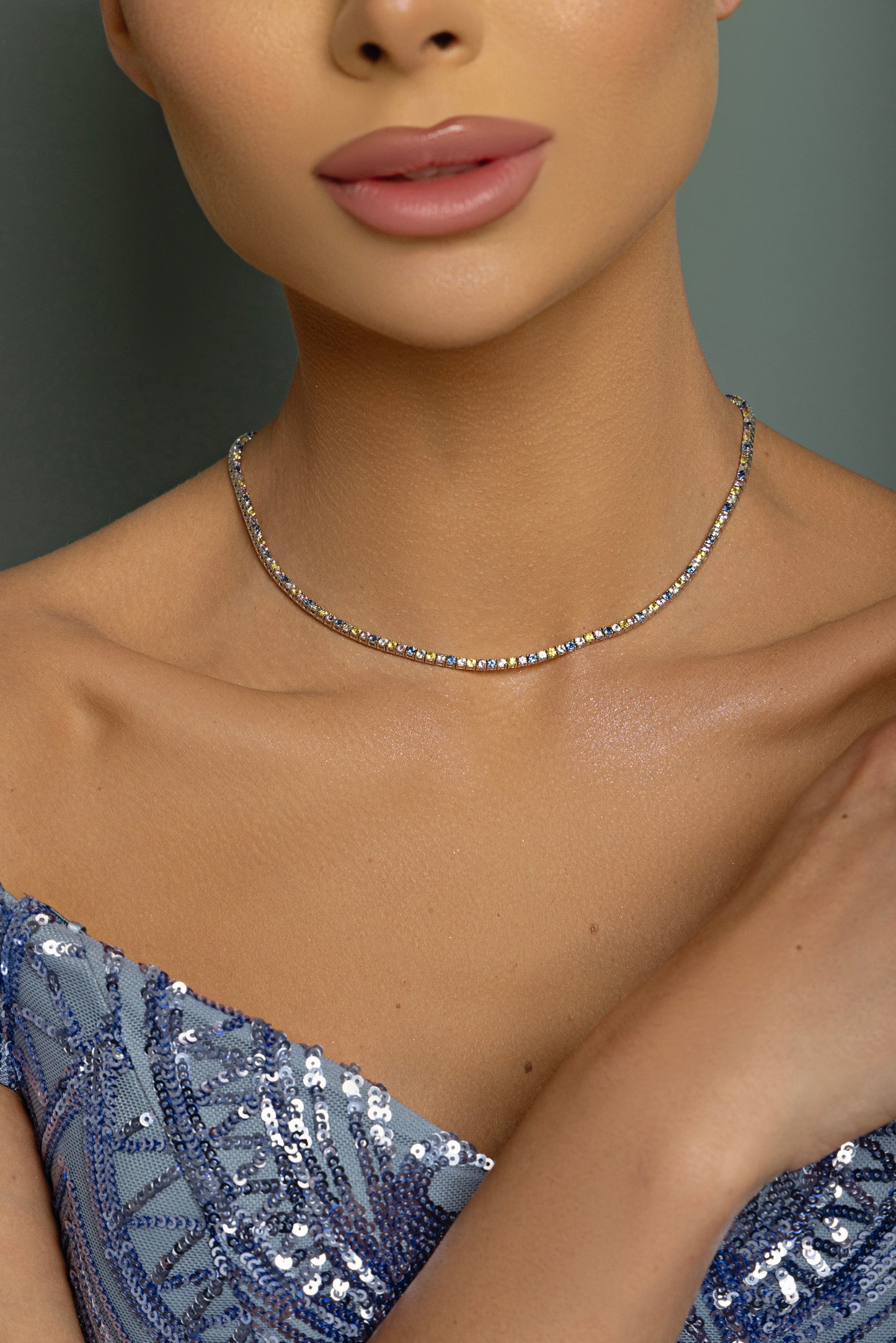 14k White Gold 9.56 carat color sapphire tennis necklace